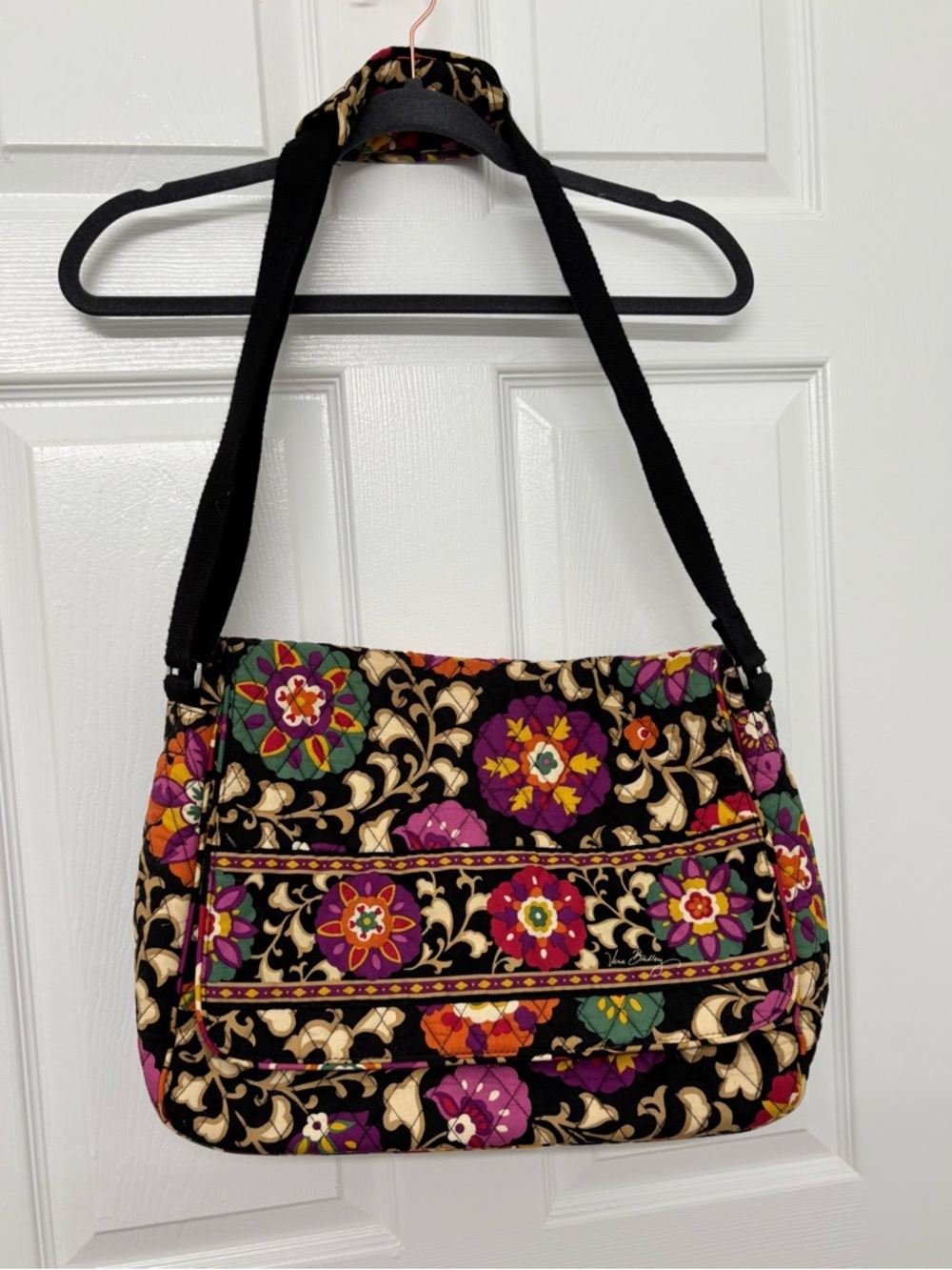 Vera Bradley Black Quilted Messenger/Shoulder Bag with Multicolor Floral Pattern